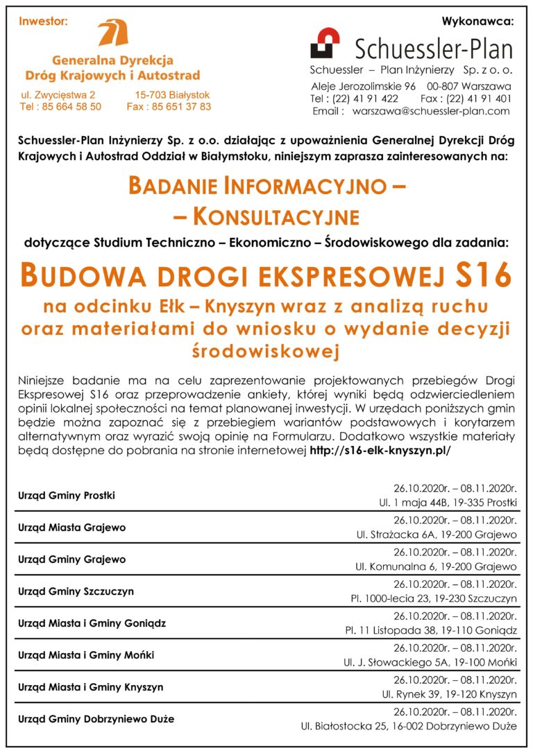 plakat - zaproszenie na badanie informacyjno-konsultacyjne dotyczące studium techniczno-ekonomiczno-środowiskowego dla zadania: budowa drogi ekspresowej S16 na odcinku Ełk - Knyszyn